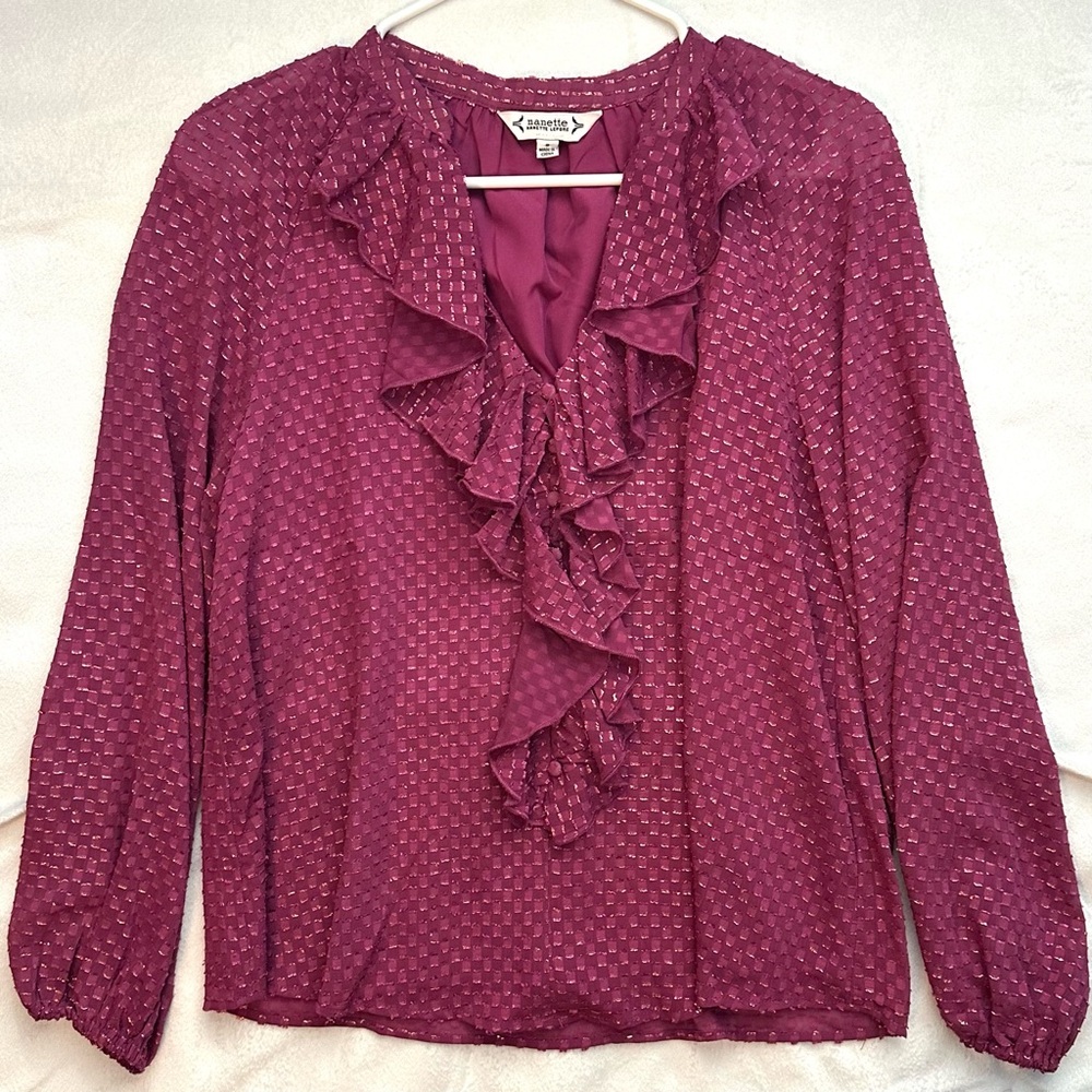 Nanette Lepore Orchid Pink Long Sleeve Front Ruffle Metallic Blouse S Top NEW